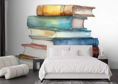 Watercolor-Style Stack of Books Illustration with White Background [Generative AI] Wall mural